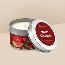 Load image into Gallery viewer, Rose Garden soy candle in a 4 oz travel tin, from the Signature Collection by Angela Rose Studios.
