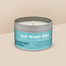 Load image into Gallery viewer, Salt Water Bliss soy candle in a 8 oz travel tin, from the Signature Collection by Angela Rose Studios.