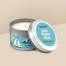 Load image into Gallery viewer, Salt Water Bliss soy candle in a 4 oz travel tin, from the Signature Collection by Angela Rose Studios.