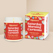 Load image into Gallery viewer, Saturday Morning Cartoons soy candle in a 9 oz glass jar with packaging box, from the Signature Collection by Angela Rose Studios.