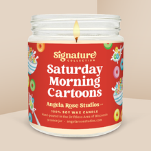 Load image into Gallery viewer, Saturday Morning Cartoons soy candle in a 9 oz glass jar, from the Signature Collection by Angela Rose Studios.