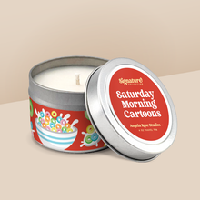 Load image into Gallery viewer, Saturday Morning Cartoons soy candle in a 4 oz travel tin, from the Signature Collection by Angela Rose Studios.