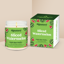 Load image into Gallery viewer, Sliced Watermelon soy candle in a 9 oz glass jar with packaging box, from the Signature Collection by Angela Rose Studios.