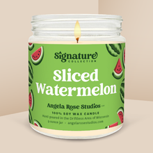 Load image into Gallery viewer, Sliced Watermelon soy candle in a 9 oz glass jar, from the Signature Collection by Angela Rose Studios.