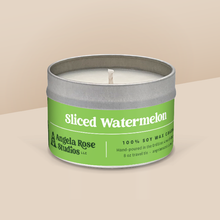 Load image into Gallery viewer, Sliced Watermelon soy candle in a 8 oz travel tin, from the Signature Collection by Angela Rose Studios.