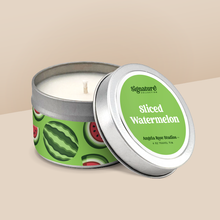 Load image into Gallery viewer, Sliced Watermelon soy candle in a 4 oz travel tin, from the Signature Collection by Angela Rose Studios.