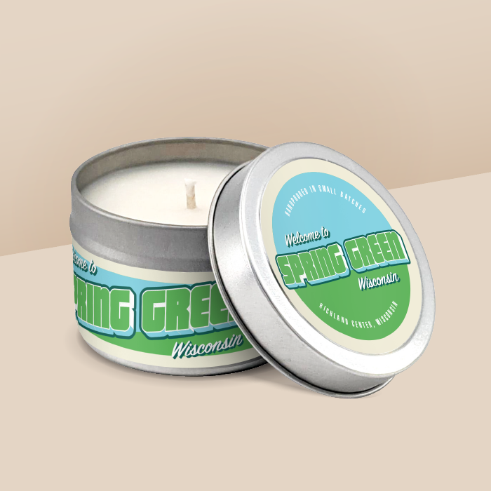 Spring Green soy candle in a 4 oz travel tin, from the Wanderlust Wisconsin Collection by Angela Rose Studios.