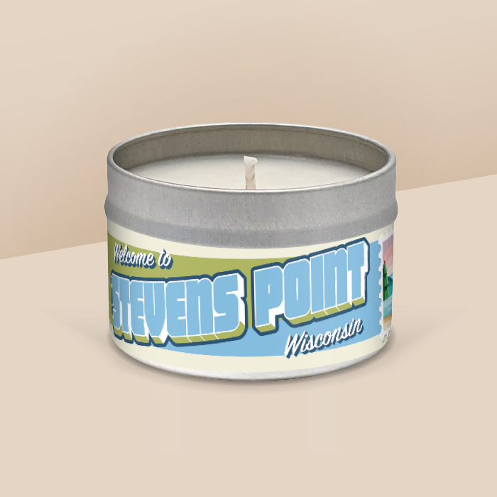 Stevens Point soy candle in a 8 oz travel tin, from the Wanderlust Wisconsin Collection by Angela Rose Studios.