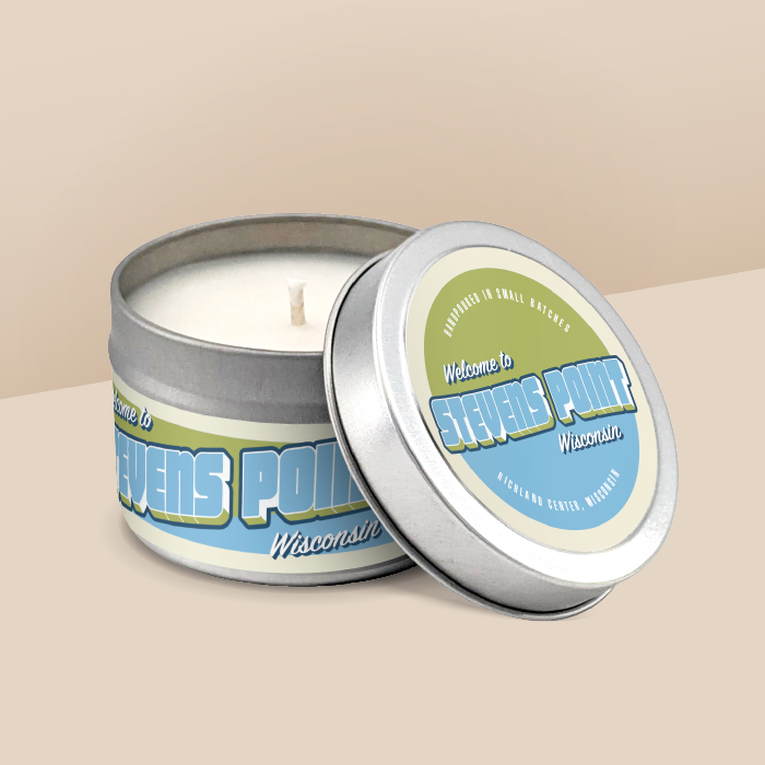 Stevens Point soy candle in a 4 oz travel tin, from the Wanderlust Wisconsin Collection by Angela Rose Studios.