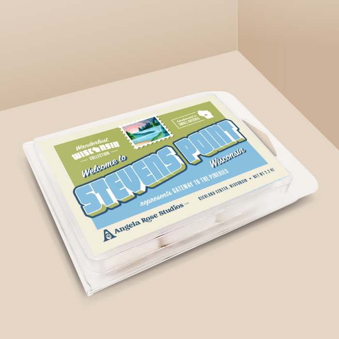 Stevens Point soy wax melt with 6 cubes, from the Wanderlust Wisconsin Collection by Angela Rose Studios.