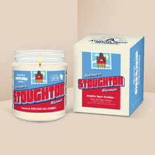 Load image into Gallery viewer, Stoughton soy candle in a 9 oz glass jar with packaging box, from the Wanderlust Wisconsin Collection by Angela Rose Studios.