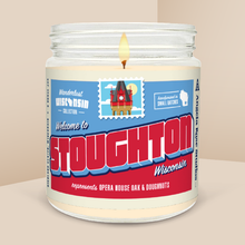 Load image into Gallery viewer, Stoughton soy candle in a 9 oz glass jar, from the Wanderlust Wisconsin Collection by Angela Rose Studios.
