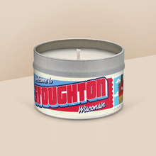 Load image into Gallery viewer, Stoughton soy candle in a 8 oz travel tin, from the Wanderlust Wisconsin Collection by Angela Rose Studios.