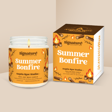 Load image into Gallery viewer, Summer Bonfire soy candle in a 9 oz glass jar with packaging box, from the Signature Collection by Angela Rose Studios.