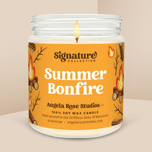 Load image into Gallery viewer, Summer Bonfire soy candle in a 9 oz glass jar, from the Signature Collection by Angela Rose Studios.
