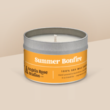 Load image into Gallery viewer, Summer Bonfire soy candle in a 8 oz travel tin, from the Signature Collection by Angela Rose Studios.