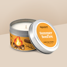 Load image into Gallery viewer, Summer Bonfire soy candle in a 4 oz travel tin, from the Signature Collection by Angela Rose Studios.