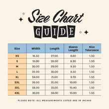 Load image into Gallery viewer, Size chart guide for the ‘Let’s All Go to the Supper Club’ unisex t-shirt, showing measurements in inches for each clothing size.