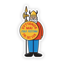 Load image into Gallery viewer, Syttende Mai sticker inspired by Thor and Olaf, the towering Viking signs that proudly welcome visitors at the entrances of Stoughton, Wisconsin.