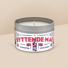 Load image into Gallery viewer, Syttende Mai soy candle in a 8 oz travel tin, an exclusive seasonal release by Angela Rose Studios.