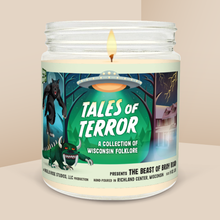 Load image into Gallery viewer, The Beast of Bray Road soy candle in a 9 oz glass jar, from Tales of Terror: A Collection of Wisconsin Folklore by Angela Rose Studios.