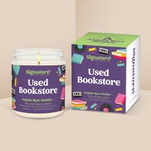 Load image into Gallery viewer, Used Bookstore soy candle in a 9 oz glass jar with packaging box, from the Signature Collection by Angela Rose Studios.