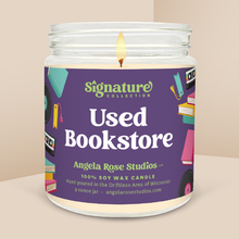 Load image into Gallery viewer, Used Bookstore soy candle in a 9 oz glass jar, from the Signature Collection by Angela Rose Studios.