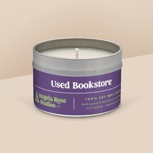 Load image into Gallery viewer, Used Bookstore soy candle in a 8 oz travel tin, from the Signature Collection by Angela Rose Studios.