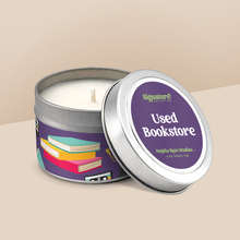 Load image into Gallery viewer, Used Bookstore soy candle in a 4 oz travel tin, from the Signature Collection by Angela Rose Studios.