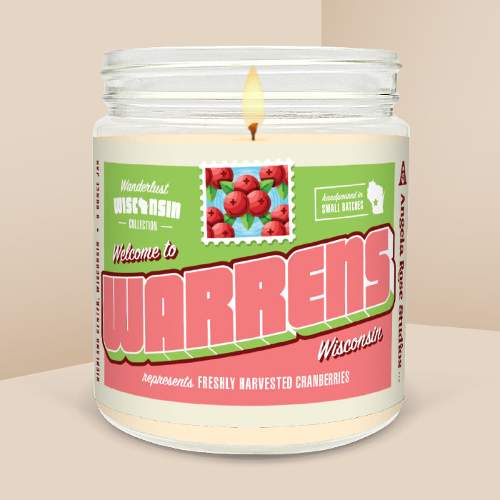 Warrens soy candle in a 9 oz glass jar, from the Wanderlust Wisconsin Collection by Angela Rose Studios.