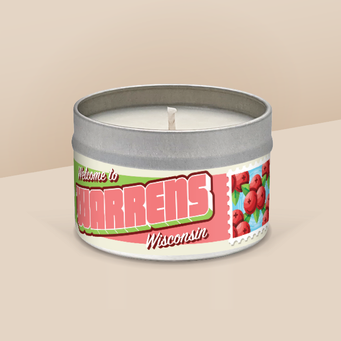 Warrens soy candle in a 8 oz travel tin, from the Wanderlust Wisconsin Collection by Angela Rose Studios.